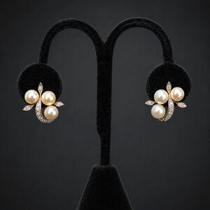 1950s Vintage Diamonds Pearls 14k & 10k White Gold Earrings Retro Clips Estate